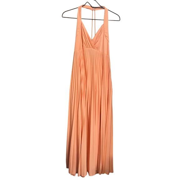 Pleated Peach Maxi Dress Size 7/8 Retro 1970 VTG Halter 29" Empire Waist Formal - Picture 1 of 11